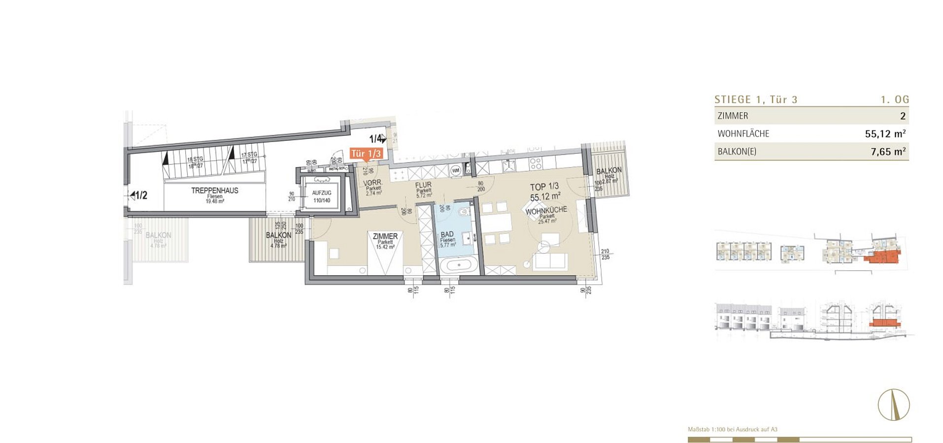 Wohnungsgrundriss Tür 1/3